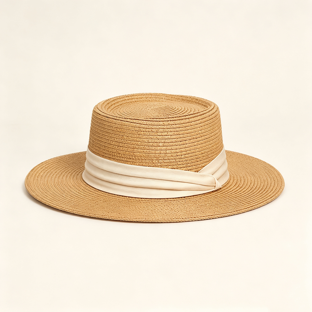Flat Top Straw Sun Hat, Summer Beach Hat with Fabric Ribbon