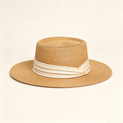 Flat Top Straw Sun Hat, Summer Beach Hat with Fabric Ribbon
