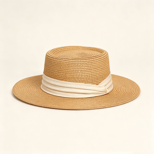 Flat Top Straw Sun Hat, Summer Beach Hat with Fabric Ribbon