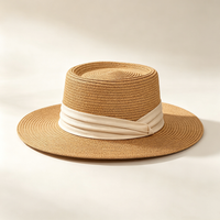Flat Top Straw Sun Hat, Summer Beach Hat with Fabric Ribbon