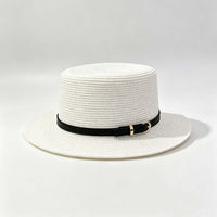 Korean Flat Top Woven Straw Hat, Belt Decor Beach Sun Hat for Vacation