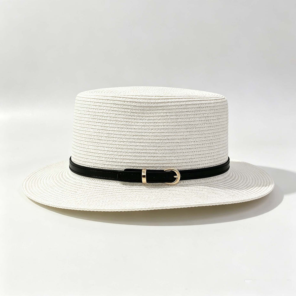 Korean Flat Top Woven Straw Hat, Belt Decor Beach Sun Hat for Vacation