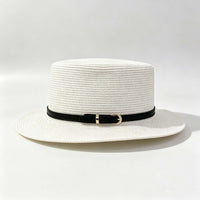 Korean Flat Top Woven Straw Hat, Belt Decor Beach Sun Hat for Vacation
