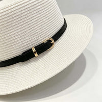 Korean Flat Top Woven Straw Hat, Belt Decor Beach Sun Hat for Vacation